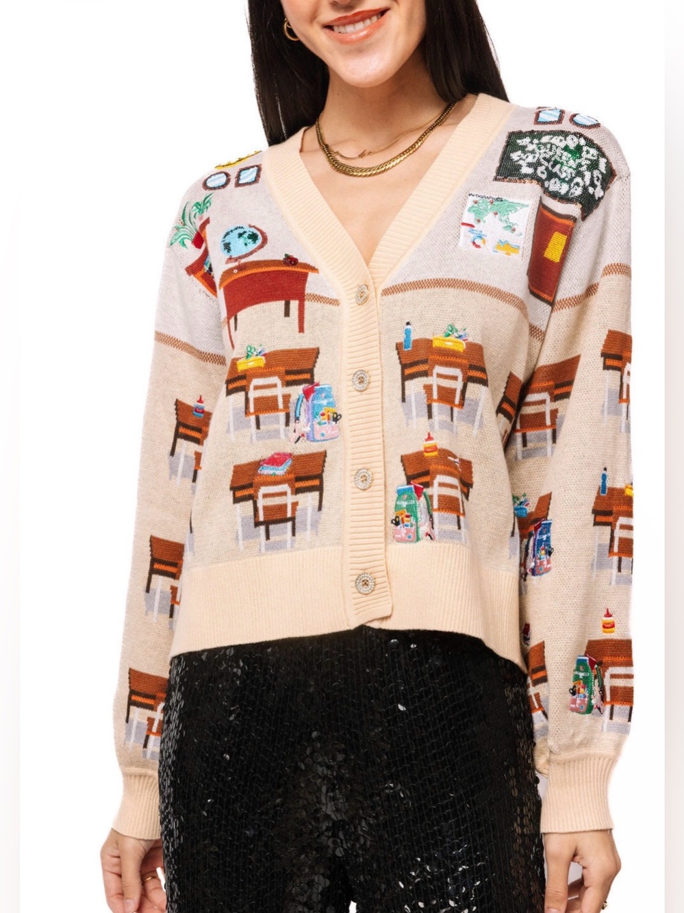 New! QUEEN OF SPARKLES Beige Queen of the Classroom Oversized Cardigan